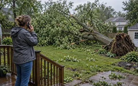 A person on the phone in a back yard looking at a large fallen tree