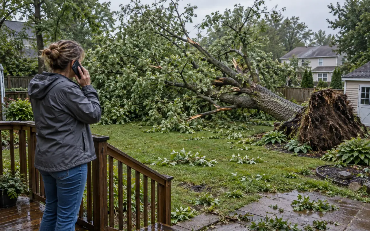 A person on the phone in a back yard looking at a large fallen tree