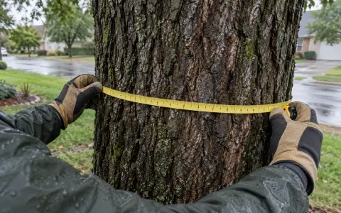 A tape measure wrapped around a tree trunk at chest height