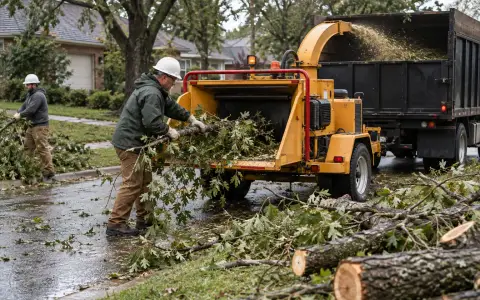 A pile of cut branches beside a curb being fed into a wood chipper