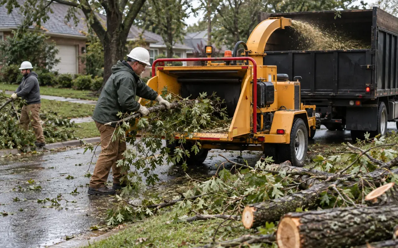 A pile of cut branches beside a curb being fed into a wood chipper