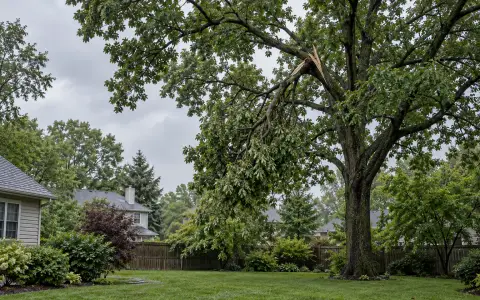 A large broken limb hanging in the crown of a tree above a lawn