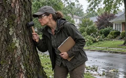 An arborist pressing a rubber mallet against a tree trunk while checking for decay