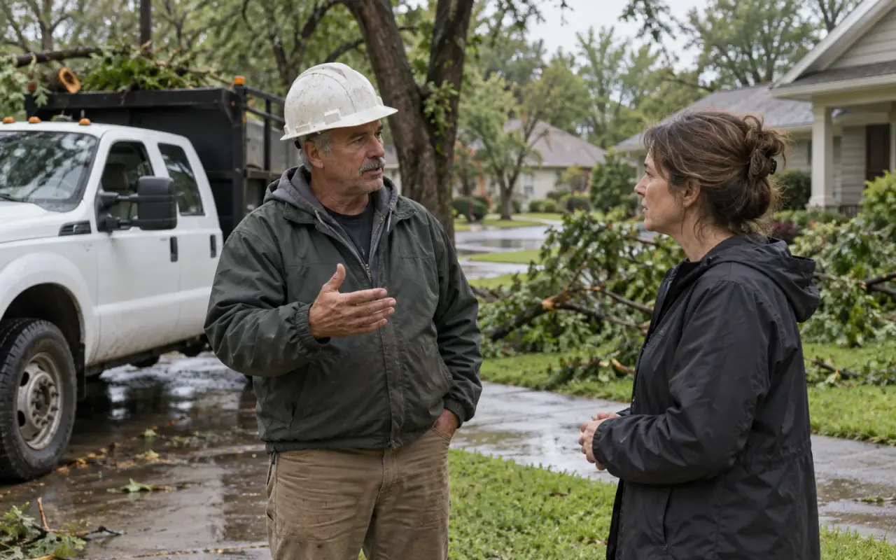 A tree crew leader talking with a homeowner in a front yard beside a work truck