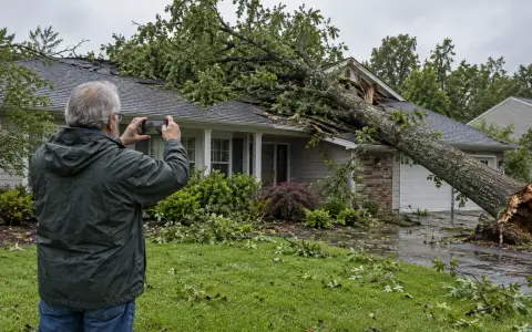 A homeowner photographing a fallen tree resting on the roof of a house with a phone