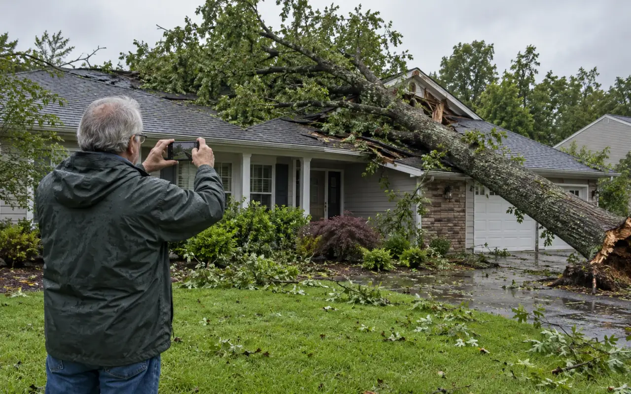 A homeowner photographing a fallen tree resting on the roof of a house with a phone