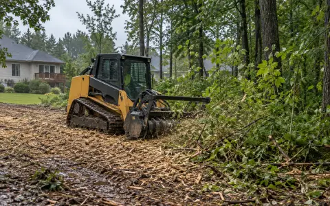 A tracked machine with a mulching head clearing brush and small trees on a wooded lot