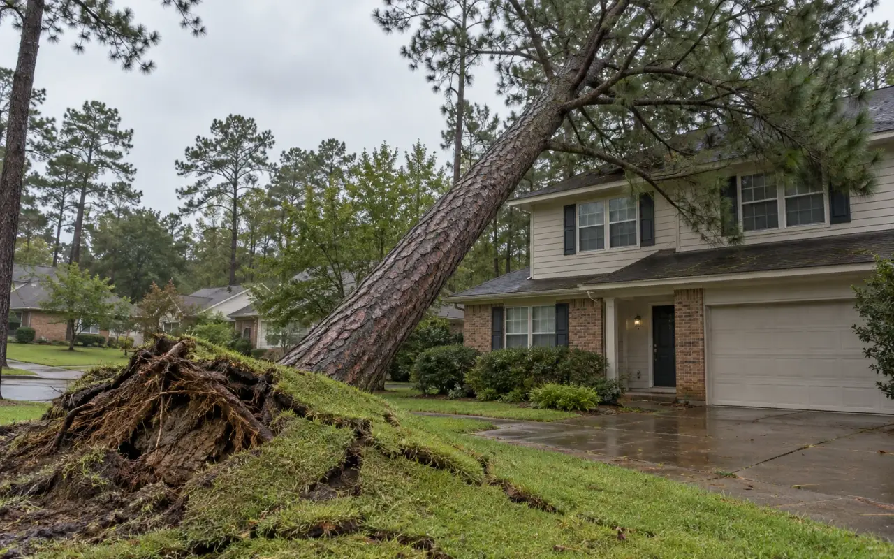 A tall pine leaning toward a two-story house, with the soil heaved up at its base