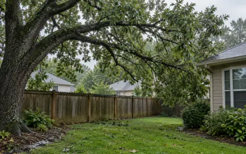 A large tree by a backyard fence with its branches reaching across the yard toward a house