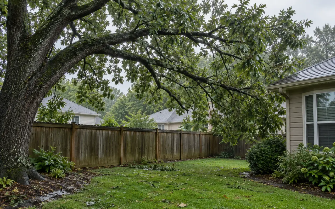 A large tree by a backyard fence with its branches reaching across the yard toward a house