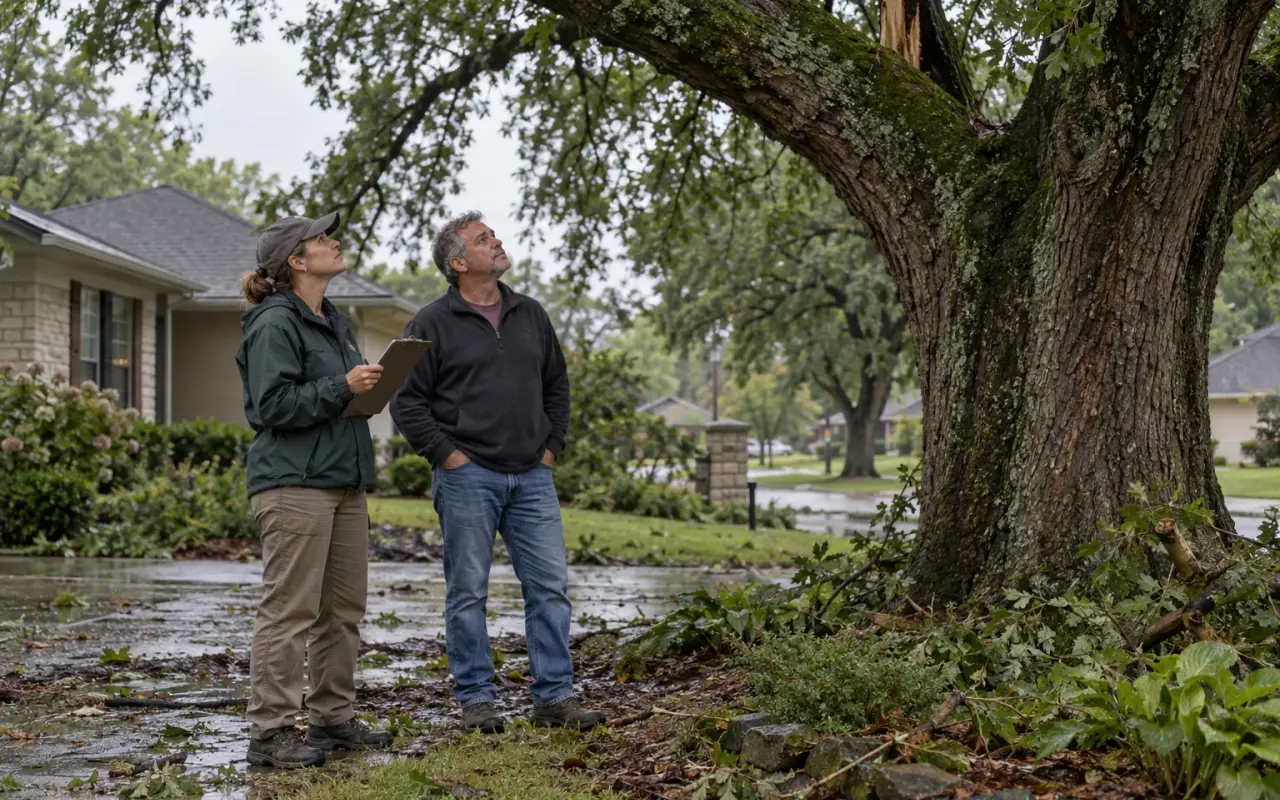 An arborist and a homeowner looking at a large tree together, the arborist holding a clipboard