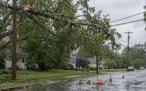 A broken tree limb resting on overhead power lines above a residential street