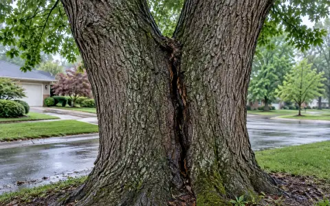 A tree trunk dividing into two stems with a long crack running down between them