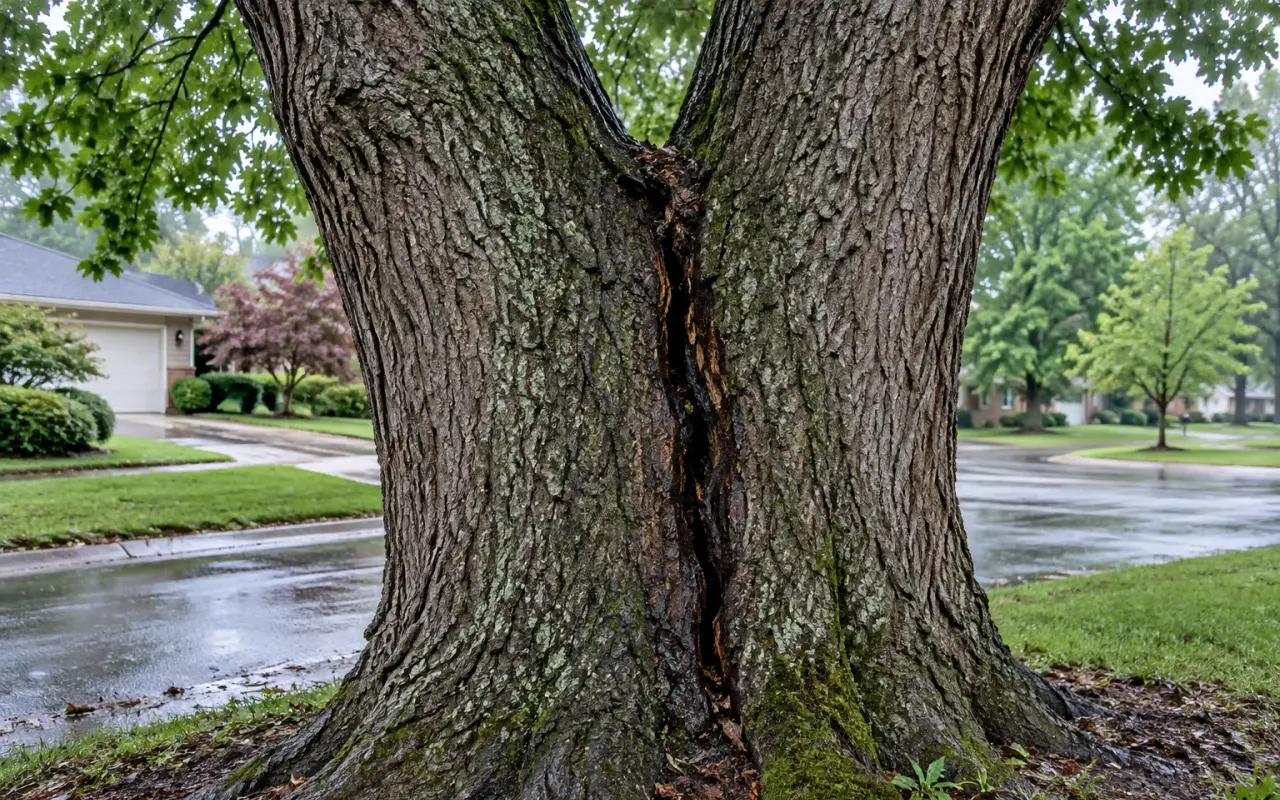 A tree trunk dividing into two stems with a long crack running down between them