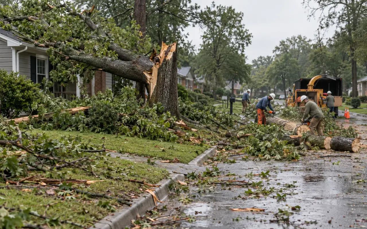 A suburban street after a storm, with fallen branches and a tree crew cutting a trunk