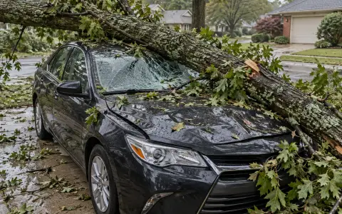 A fallen tree limb across the hood and windshield of a car parked in a driveway