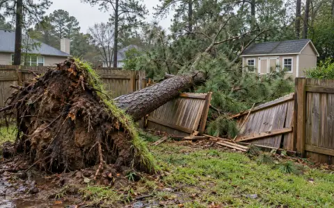 A toppled pine tree lying across a broken wooden privacy fence in a back yard
