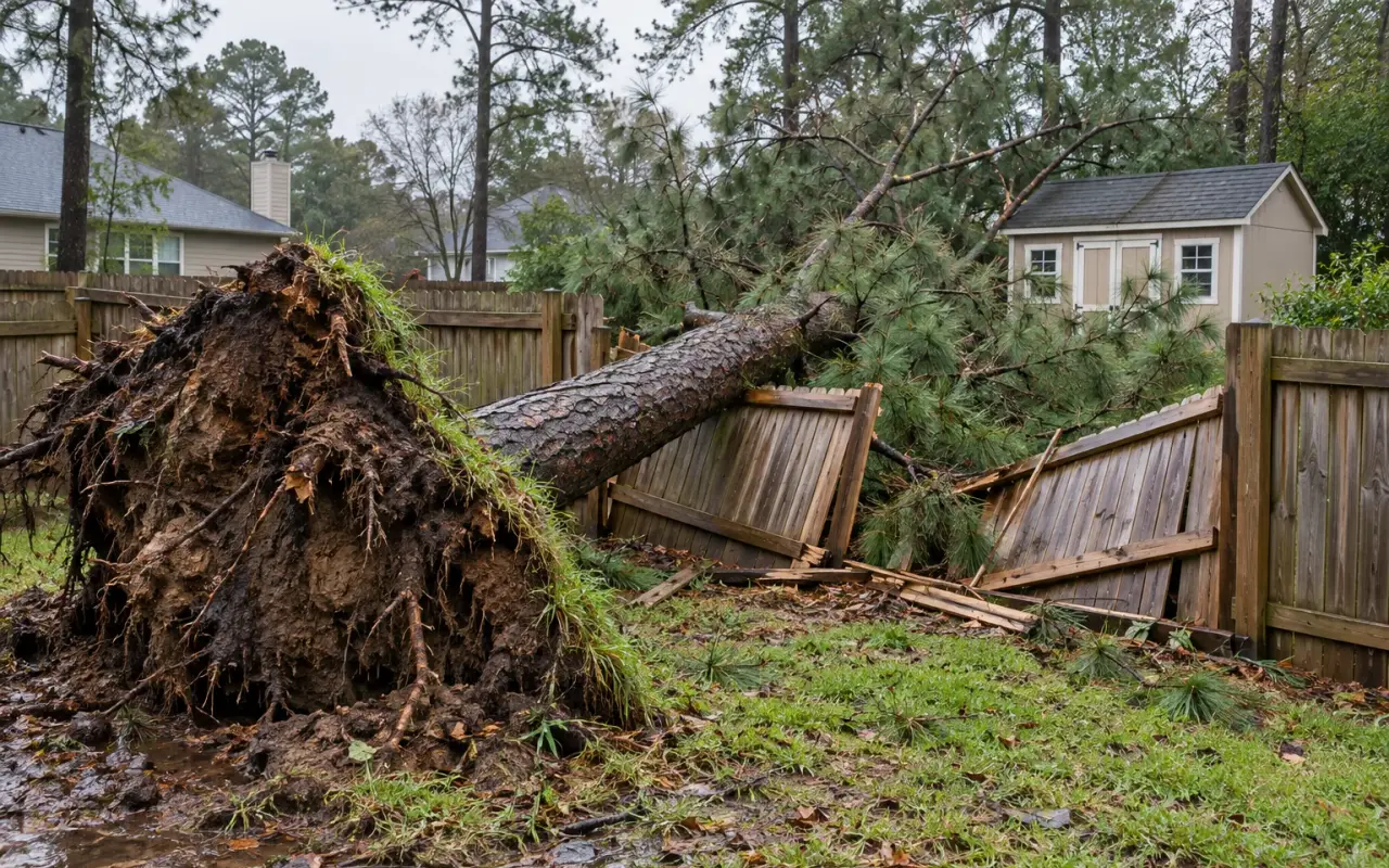 A toppled pine tree lying across a broken wooden privacy fence in a back yard