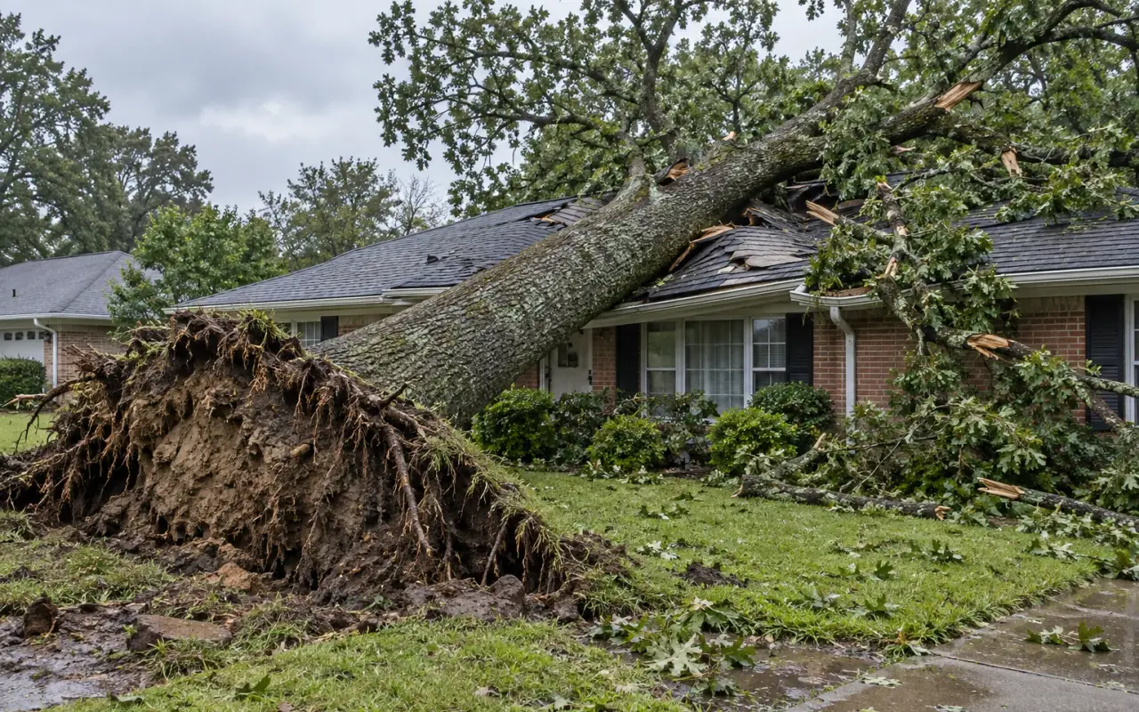 A large oak trunk lying across the roof of a one-story brick house after a storm