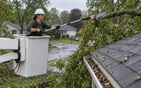 An arborist in a bucket lift pruning branches away from a house roof