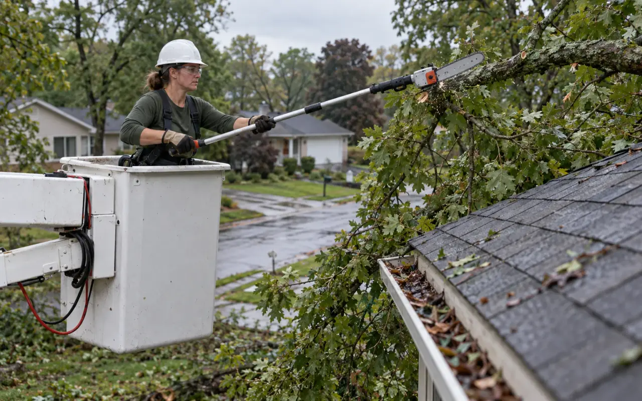 An arborist in a bucket lift pruning branches away from a house roof